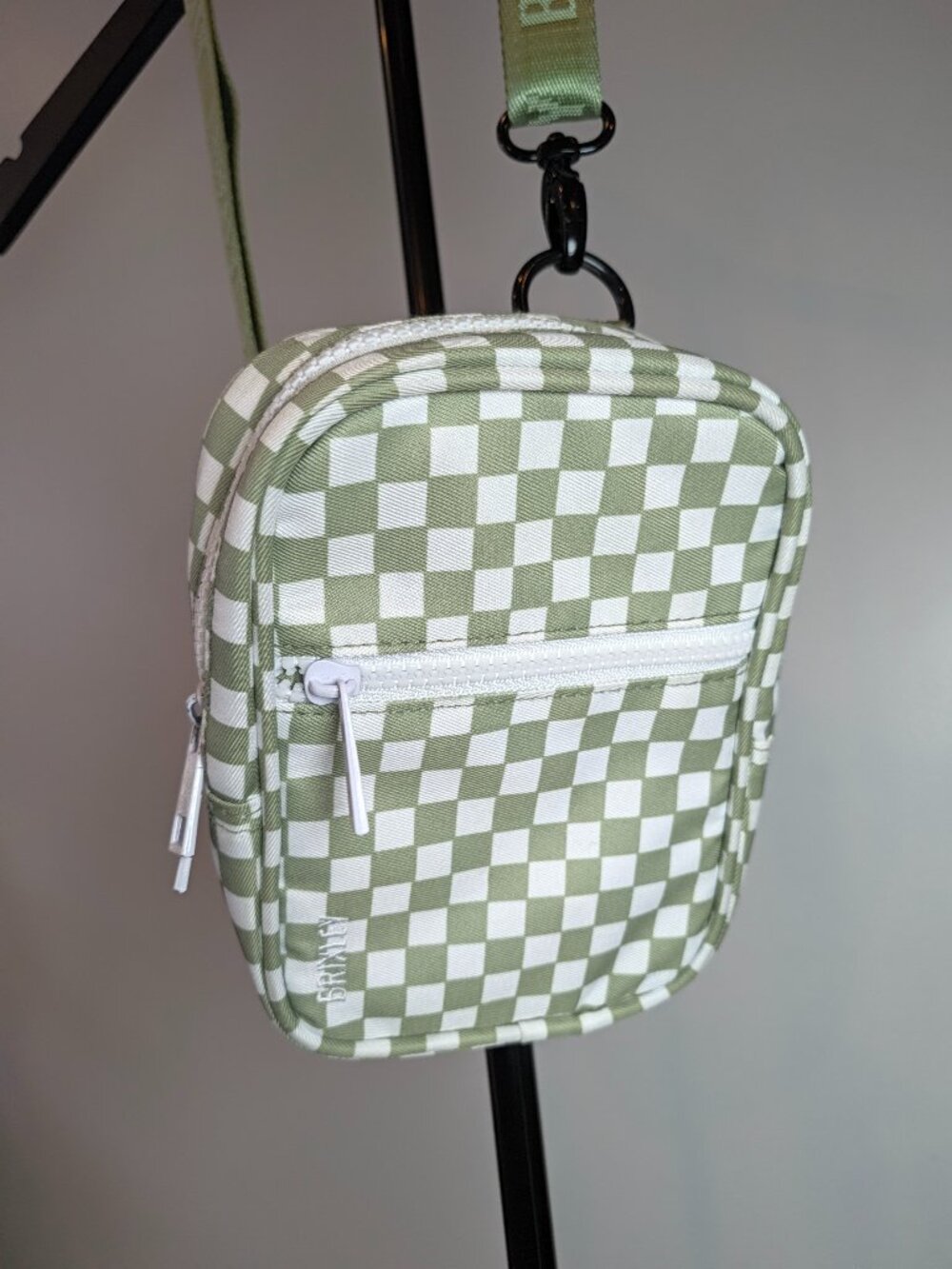 Brixley Green & White Checkered Small Crossbody Bag Zip, Adjustable Green Strap